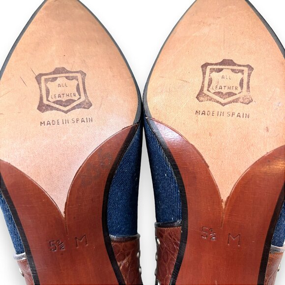 Vintage Leather, Denim & Cowhide Studded Boho Heels - Picture 11 of 12